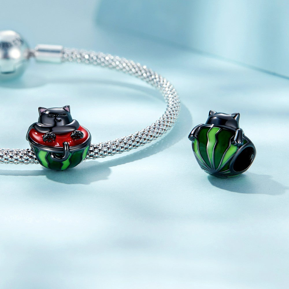 Watermelon Cat Enamel Charm Silver Gift for Pet Lover