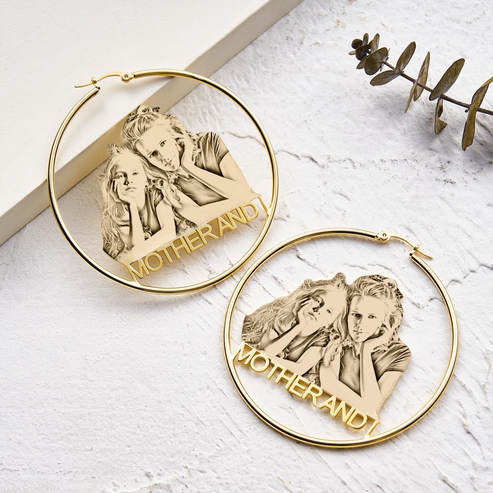 Custom Photo Engraved Hoop Earrings Exaggerate Gifts for Couple