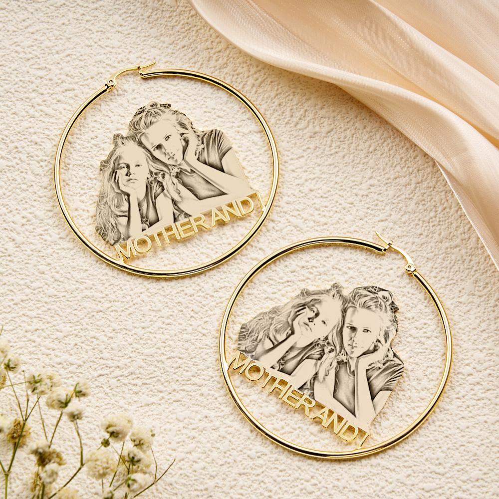 Custom Photo Engraved Hoop Earrings Exaggerate Gifts for Couple