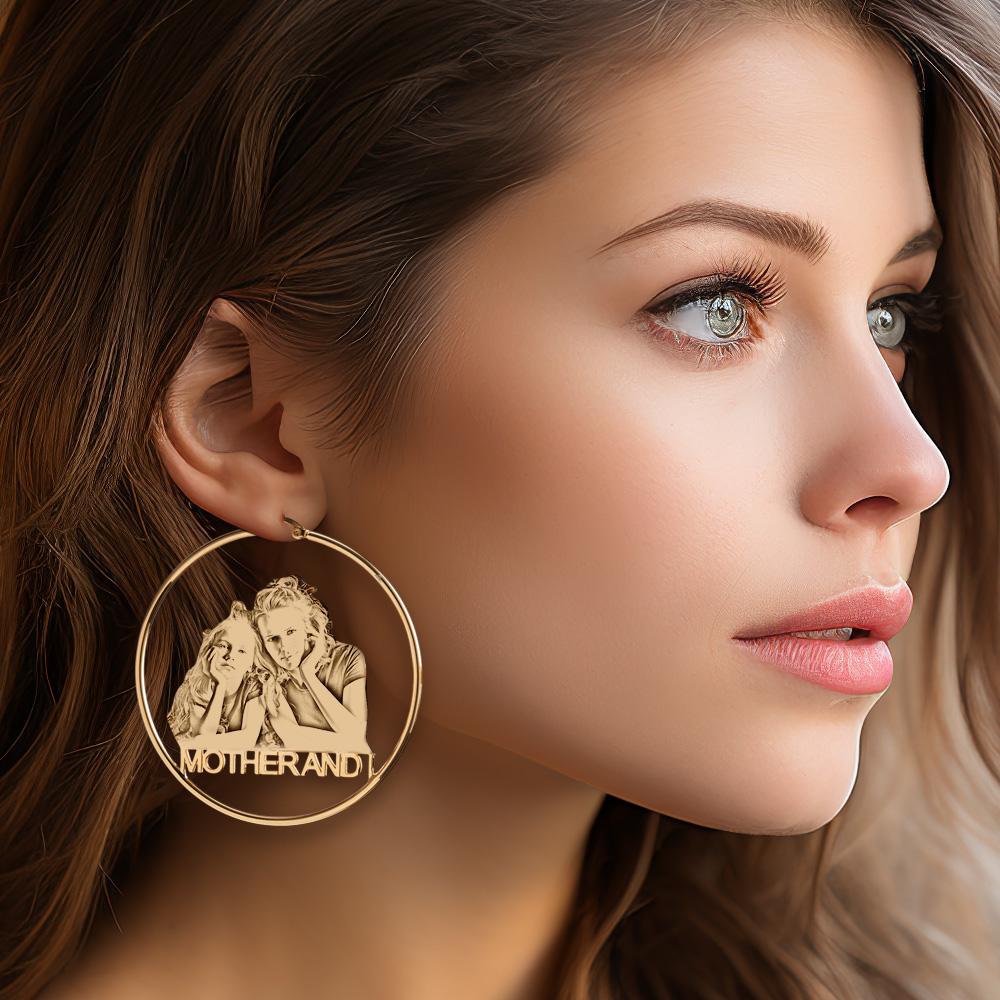 Custom Photo Engraved Hoop Earrings Exaggerate Gifts for Couple