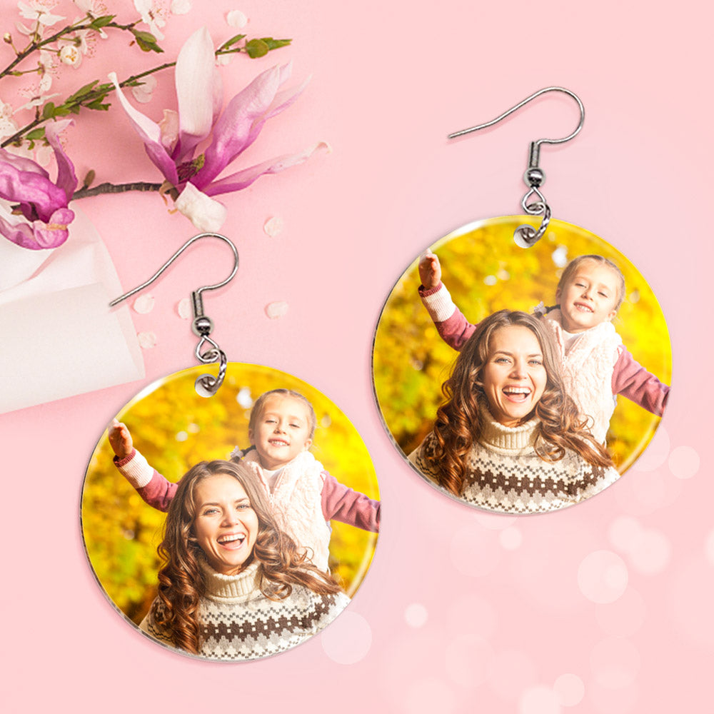 Custom Photo Earrings Acrylic Dangle Earrings Personalized Circle Earrings Gift For Mother For Women