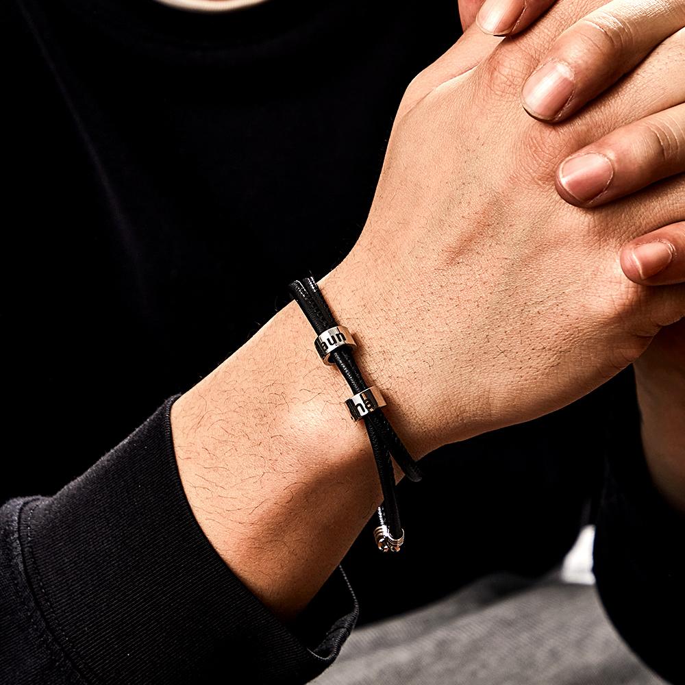 Custom Engraved Bead Bracelet Men Braided Black Leather Gifts