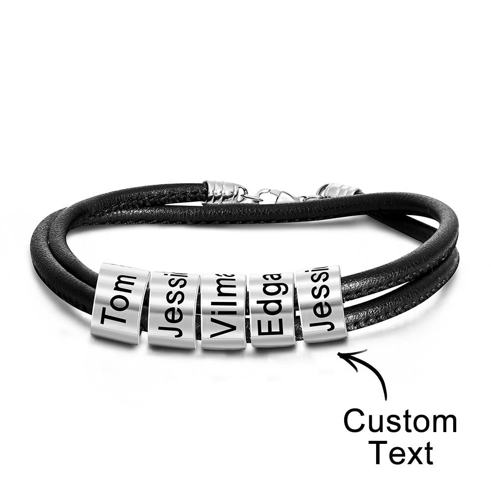 Custom Engraved Bead Bracelet Men Braided Black Leather Gifts