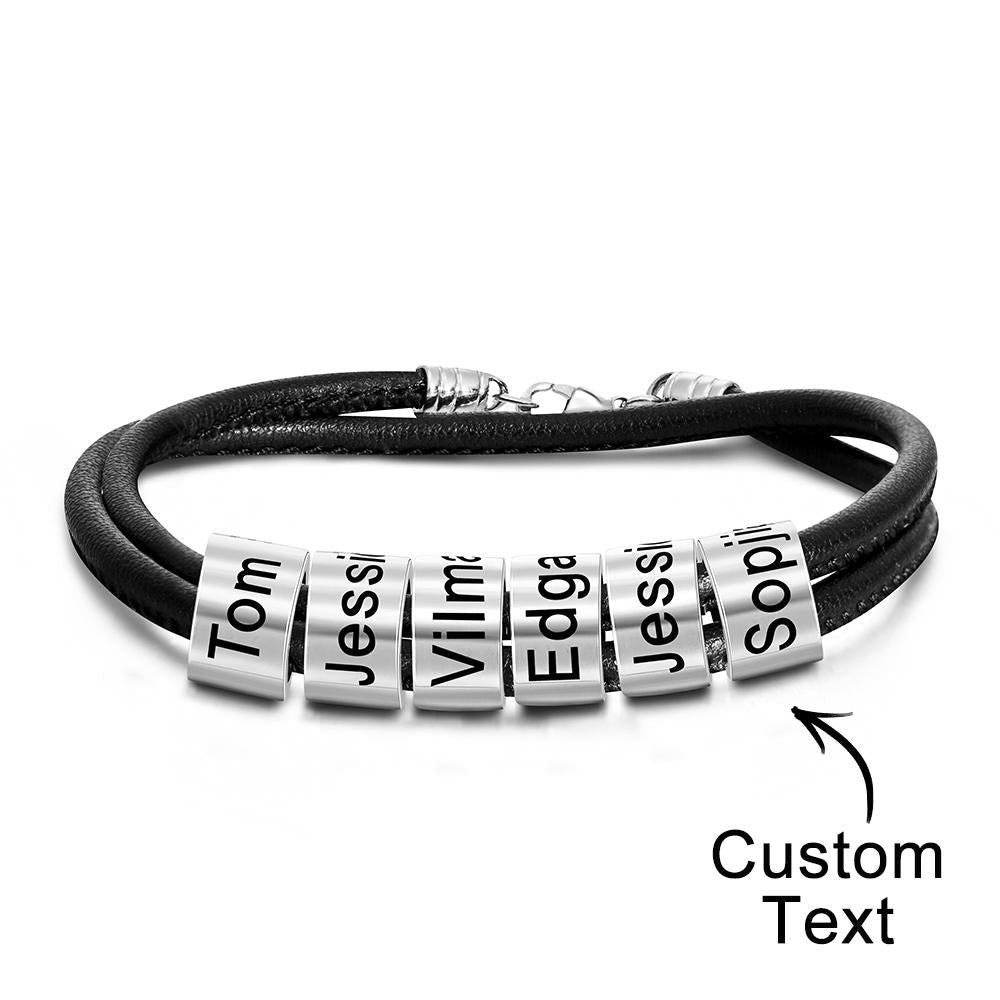 Custom Engraved Bead Bracelet Men Braided Black Leather Gifts