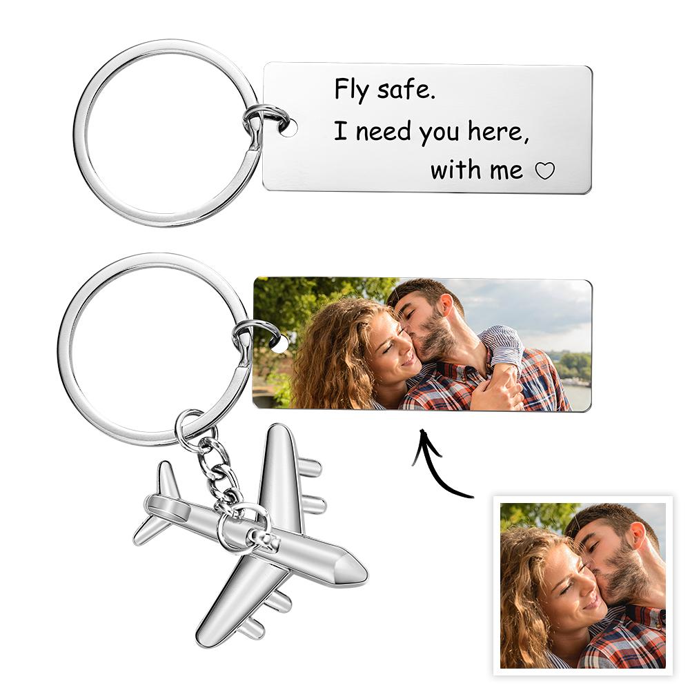 Custom Photo Engraved Keychain Fly Safe I Need You Here With Me Creative Gifts For Him