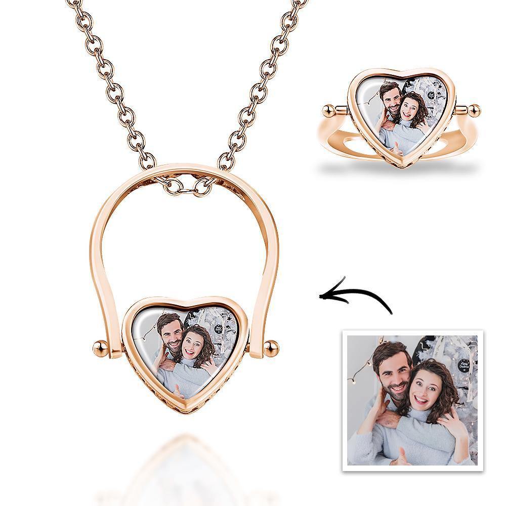 Photo Necklace, Photo Ring Heart-shaped Couple's Gifts Dual-use (Ring Size 5#) Silver