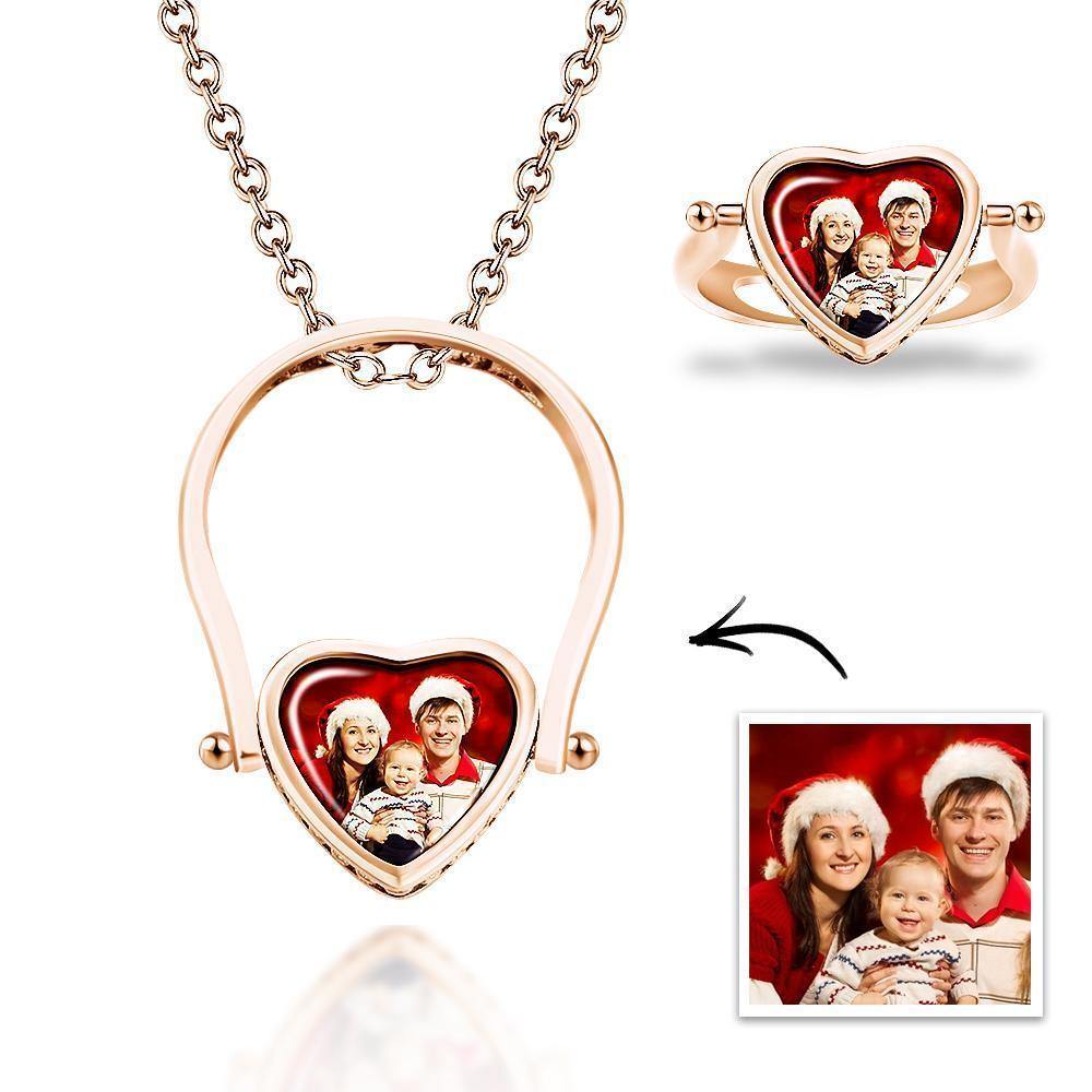 Photo Necklace, Photo Ring Gifts Dual-use (Ring Size 7#) Rose Gold Plated Silver