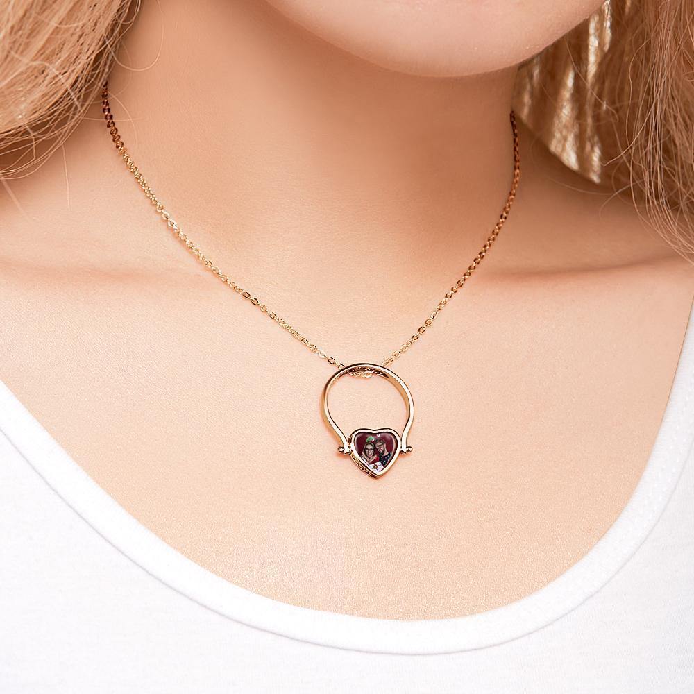 Photo Necklace, Photo Ring Couple's Gifts Dual-use (Ring Size 8#) Rose Gold Plated Silver