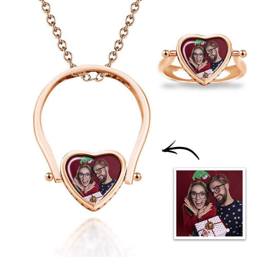 Photo Necklace, Photo Ring Couple's Gifts Dual-use (Ring Size 8#) Rose Gold Plated