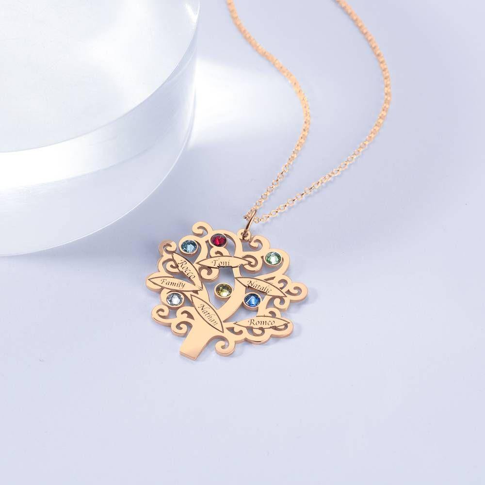 Family Tree Necklace, Engraved Necklace with Six Birthstones Rose Gold Plated