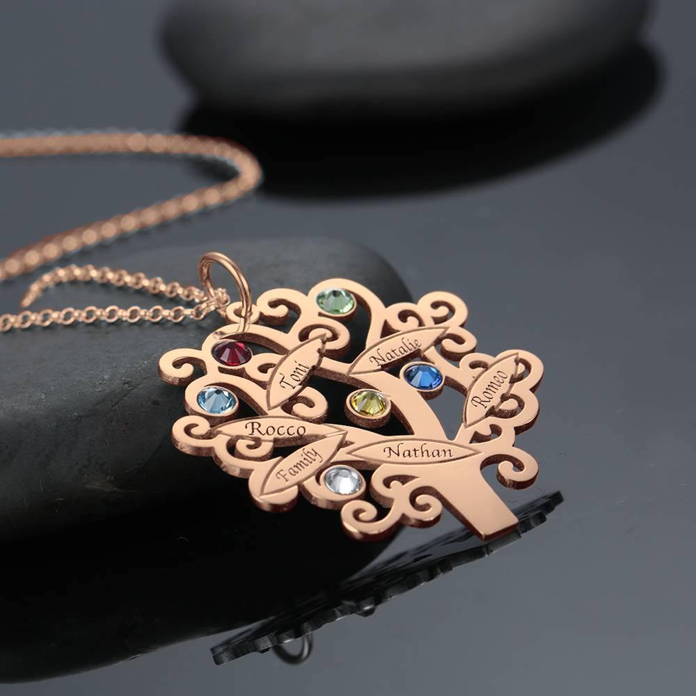 Family Tree Necklace, Engraved Necklace with Six Birthstones Rose Gold Plated