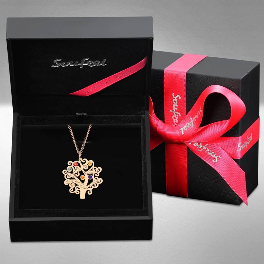 Family Tree Necklace, Engraved Necklace with Six Birthstones Rose Gold Plated