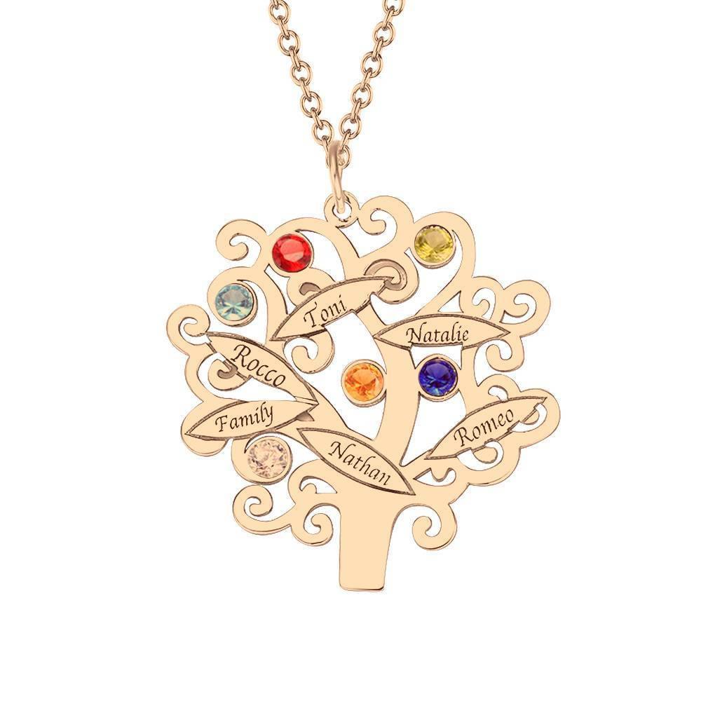 Family Tree Necklace, Engraved Necklace with Six Birthstones Rose Gold Plated
