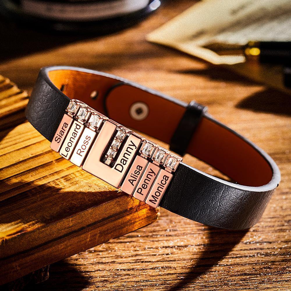 Men's Personalized Leather Bracelet With Adjustable Diamond Beads, Perfect Gift For Father's Day 14k Gold Plated Stainless Steel