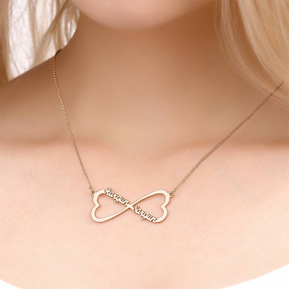 Name Necklace, Infinity Heart Necklace Two Names Rose Gold Plated - Silver