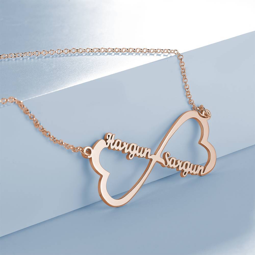Name Necklace, Infinity Heart Necklace Two Names Rose Gold Plated - Silver