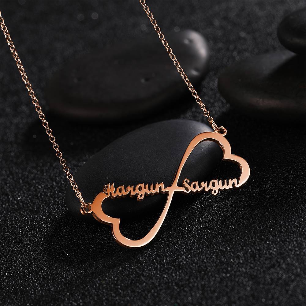 Name Necklace, Infinity Heart Necklace Two Names Rose Gold Plated - Silver