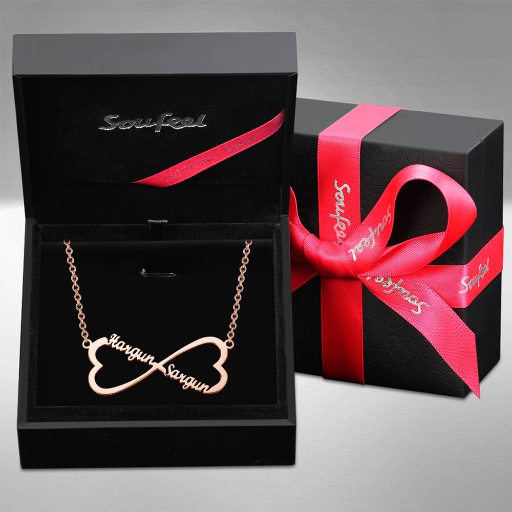 Name Necklace, Infinity Heart Necklace Two Names Rose Gold Plated - Silver