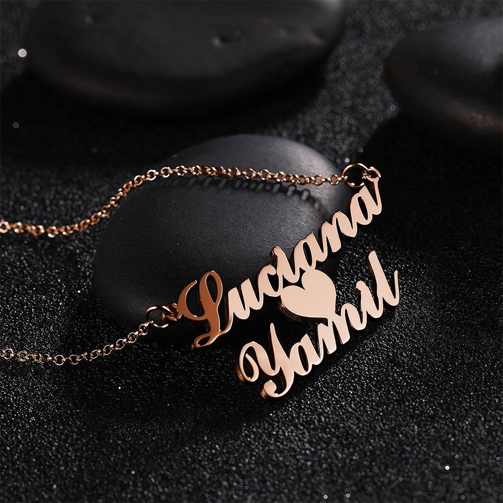 Name Necklace, Custom Two Nameplate Pendant Gift Rose Gold Plated - Silver