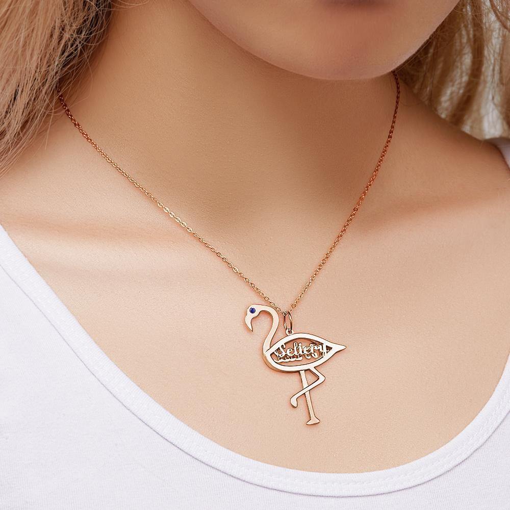 Custom Name Birthstone Necklace Flamingo Pendant Birthday Gifts Rose Gold Plated Silver