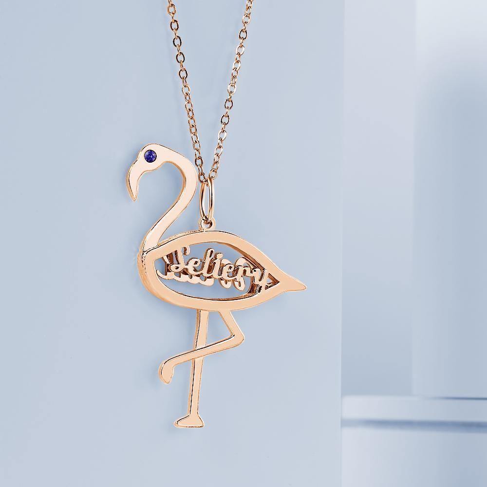 Custom Name Birthstone Necklace Flamingo Pendant Birthday Gifts Rose Gold Plated Silver