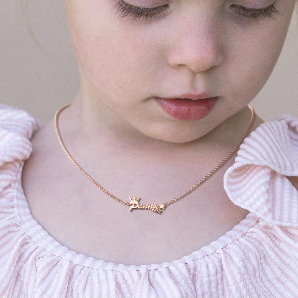 Custom Name Necklace Crown and Stars Necklace Shining Little Princess