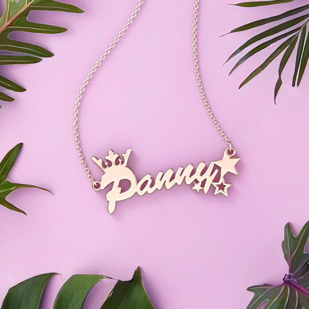 Custom Name Necklace Crown and Stars Necklace Shining Little Princess