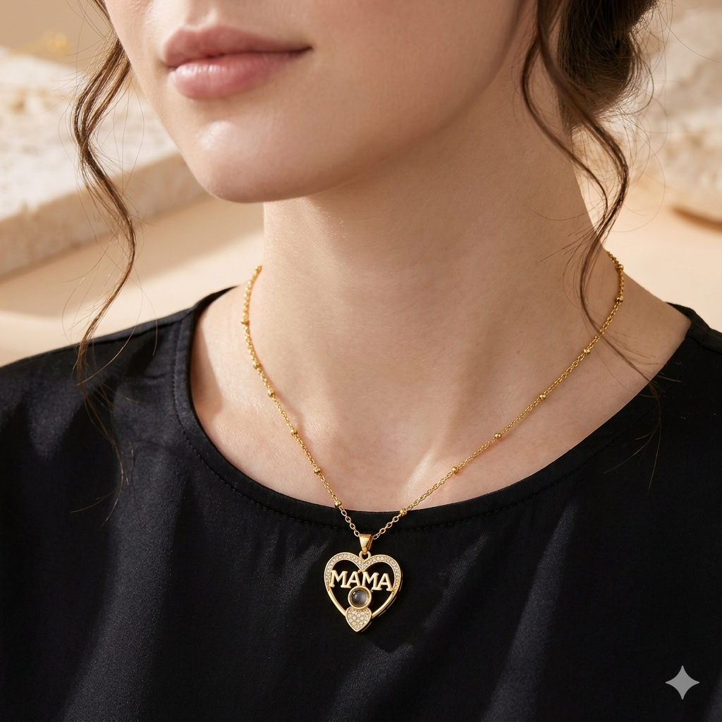 Personalized "MAMA" Heart Projection Necklace Custom Photo Jewelry for Her Mother's Day Gift