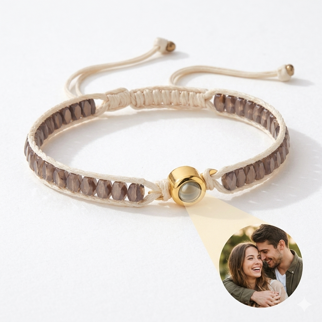 Personalized Photo Bracelet Sparkling Crystal Beads Adjustable Braided Cord Custom Gift