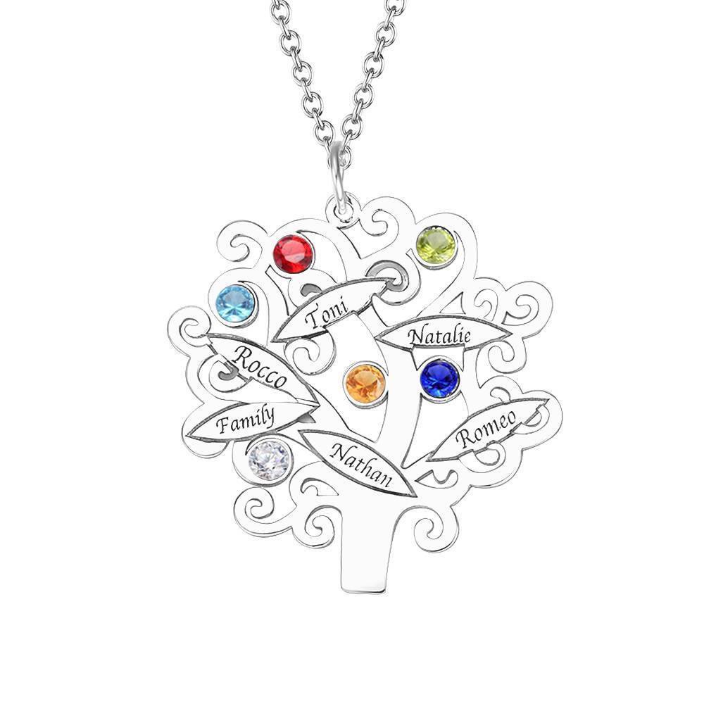 Family Tree Necklace, Engraved Necklace with Six Birthstones Silver