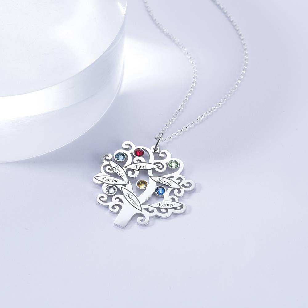 Family Tree Necklace, Engraved Necklace with Six Birthstones Silver