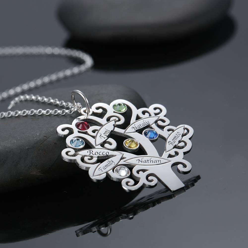 Family Tree Necklace, Engraved Necklace with Six Birthstones Silver