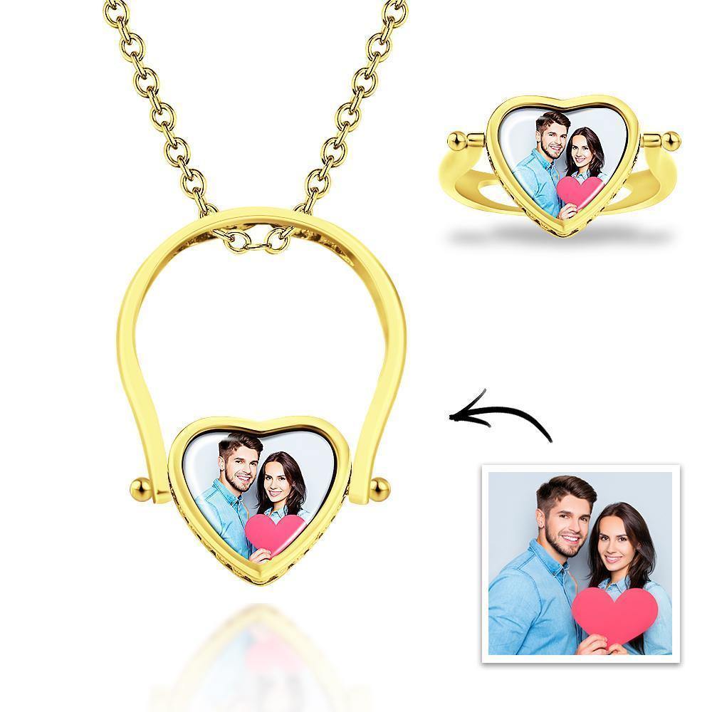 Photo Necklace, Photo Ring Unique Design Dual-use (Ring Size 7#) 14k Gold Plated Silver