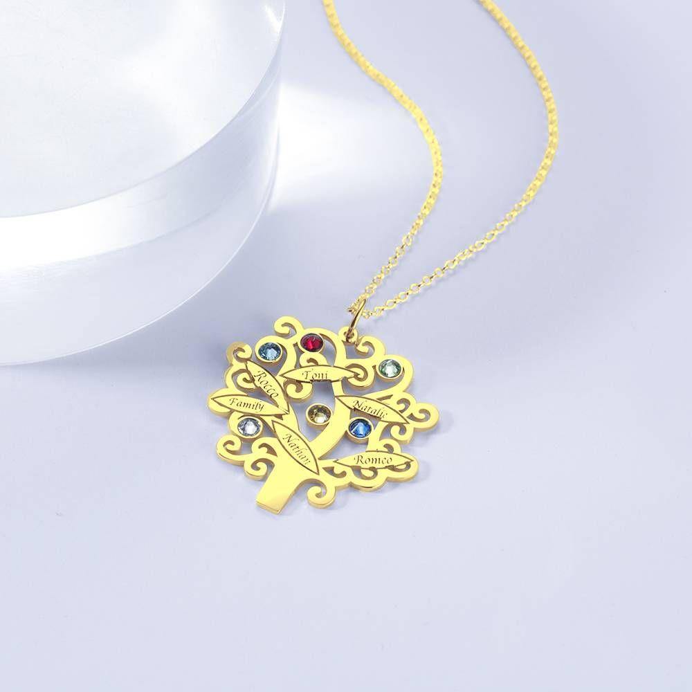 Family Tree Necklace, Engraved Necklace with Six Birthstones 14K Gold Plated