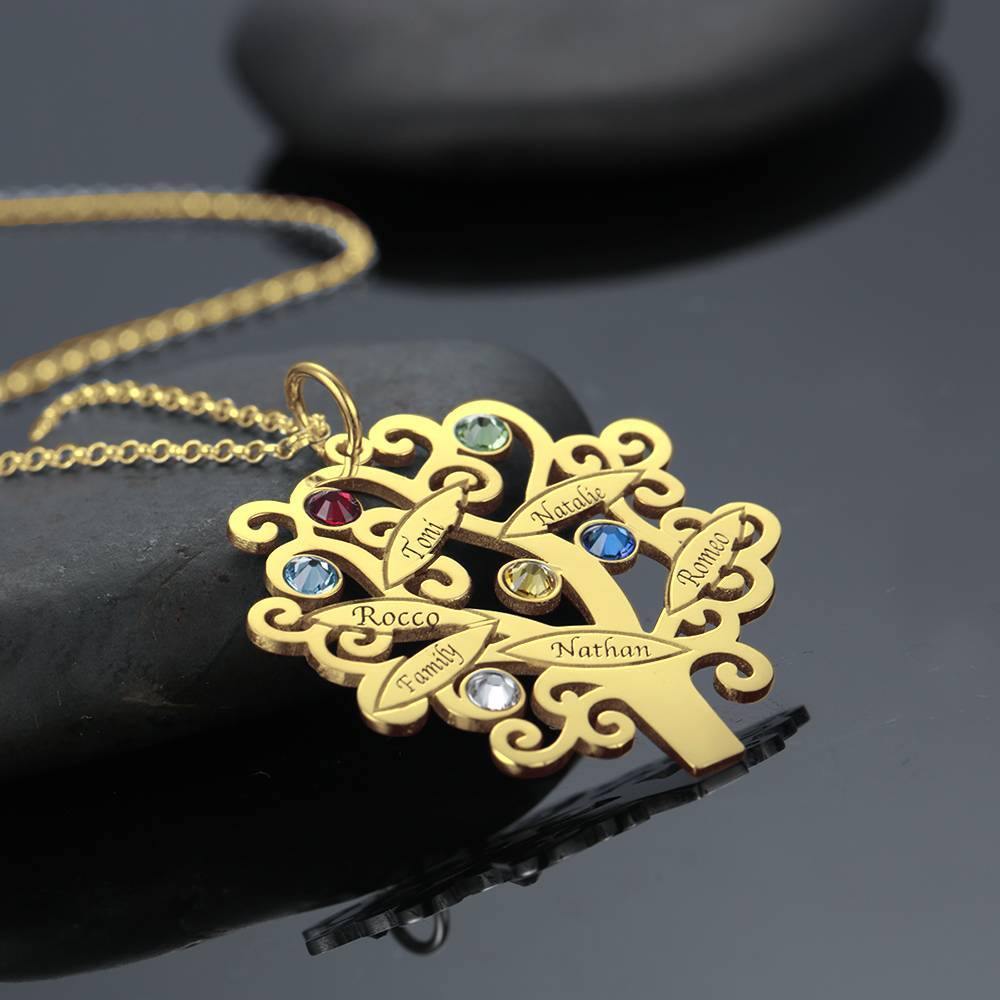 Family Tree Necklace, Engraved Necklace with Six Birthstones 14K Gold Plated