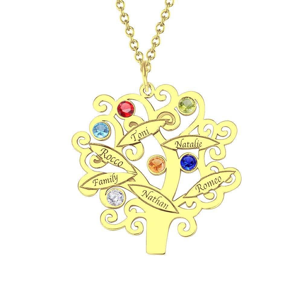 Family Tree Necklace, Engraved Necklace with Six Birthstones 14K Gold Plated