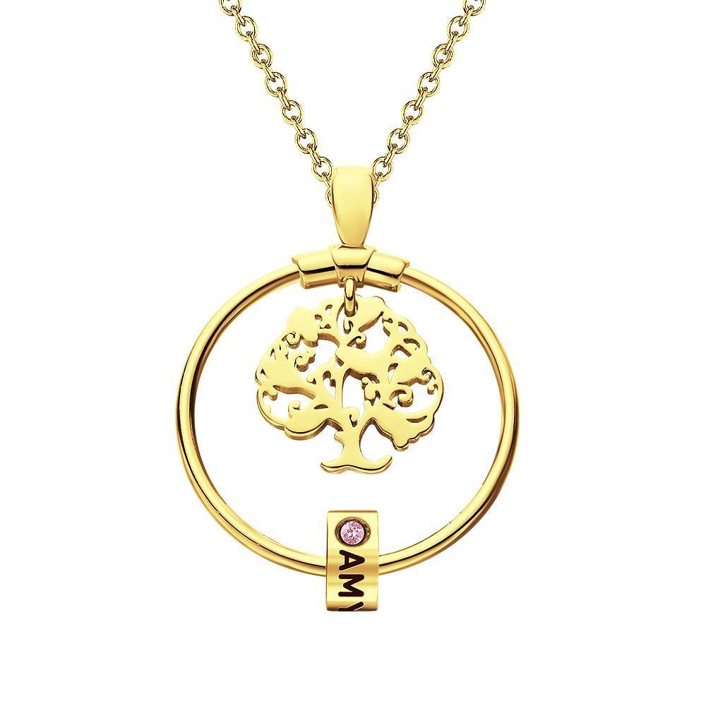 Life Tree Engraved Necklace With Custom One Birthstone Gifts - Gold