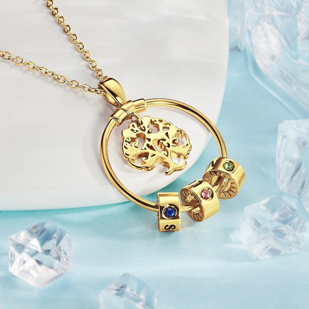 Life Tree Engraved Necklace With Custom One Birthstone Gifts - Gold