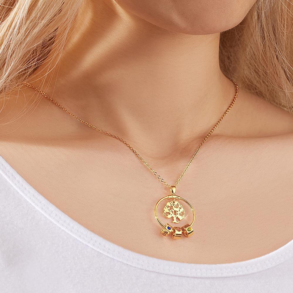 Life Tree Engraved Necklace With Custom One Birthstone Gifts - Gold