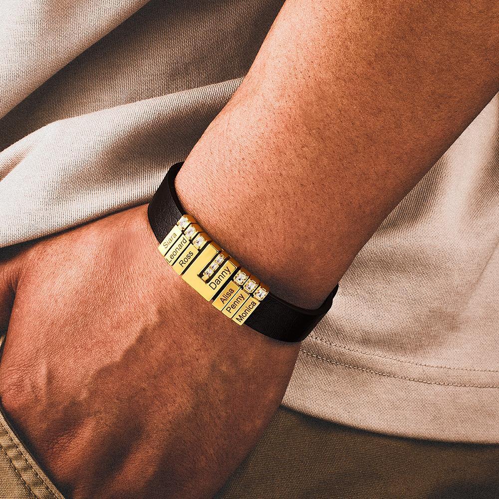Men's Personalized Leather Bracelet With Adjustable Diamond Beads, Perfect Gift For Father's Day 14k Gold Plated Stainless Steel