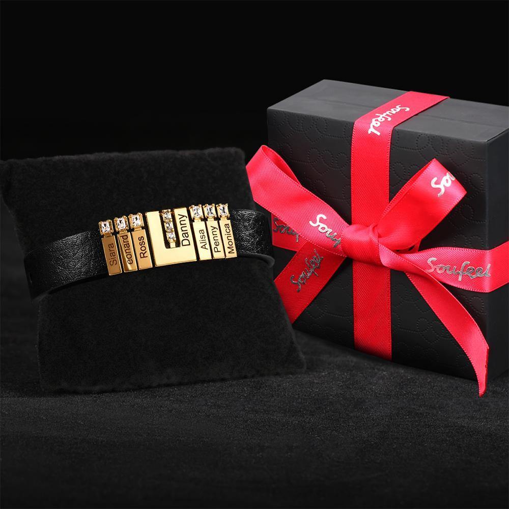 Men's Personalized Leather Bracelet With Adjustable Diamond Beads, Perfect Gift For Father's Day 14k Gold Plated Stainless Steel