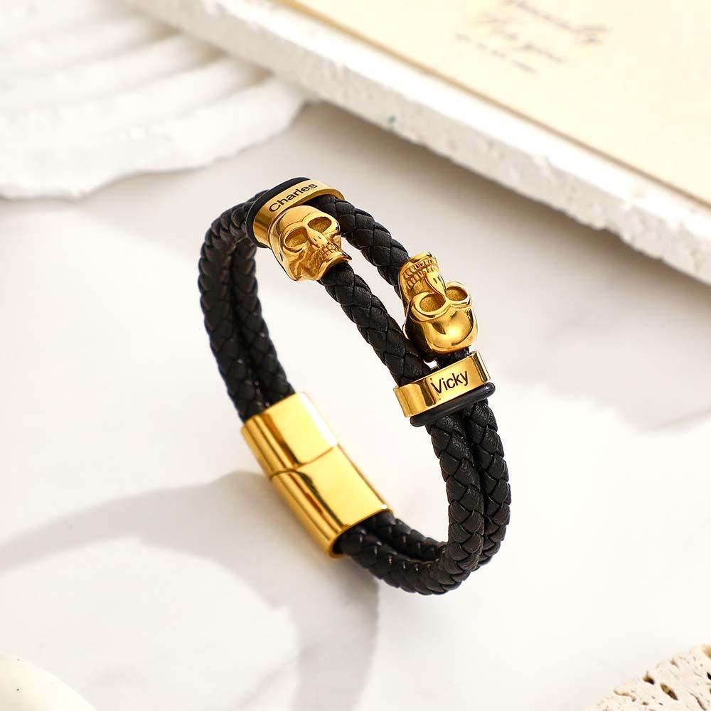 Custom Photo Skull Leather Men's Bracelet Personalized Engraved Multi-layer Braided Bracelet Best Valentine's Day Gifts For Him
