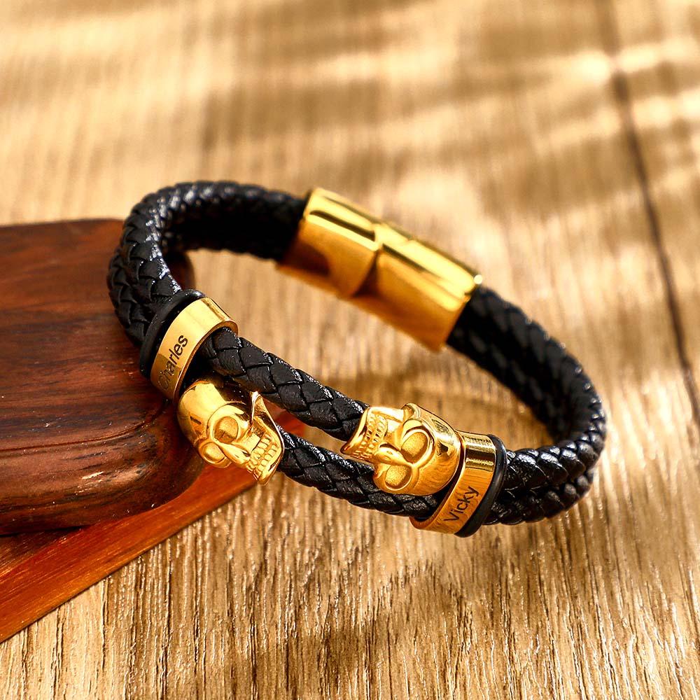 Custom Photo Skull Leather Men's Bracelet Personalized Engraved Multi-layer Braided Bracelet Best Valentine's Day Gifts For Him