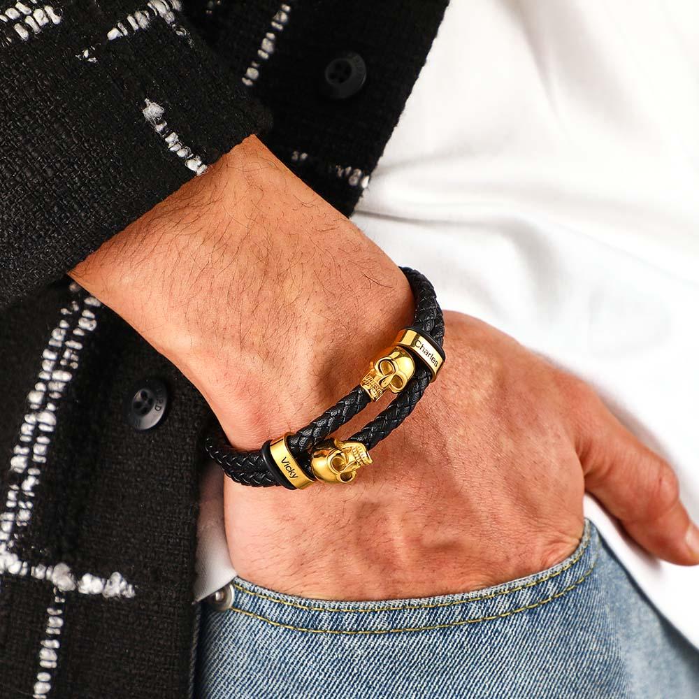 Custom Photo Skull Leather Men's Bracelet Personalized Engraved Multi-layer Braided Bracelet Best Valentine's Day Gifts For Him