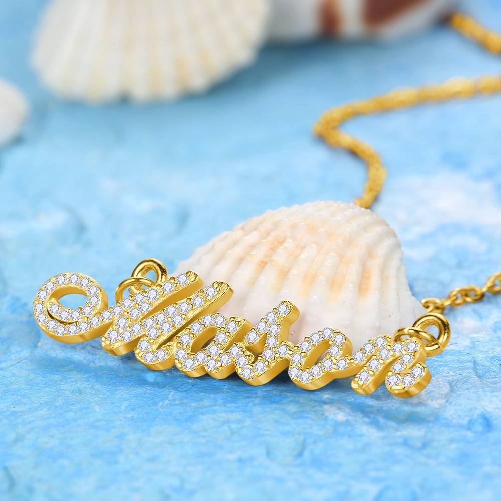 Custom Crystal Name Necklace, Keepsake Jewelry Silver 14K Gold Plated - Golden