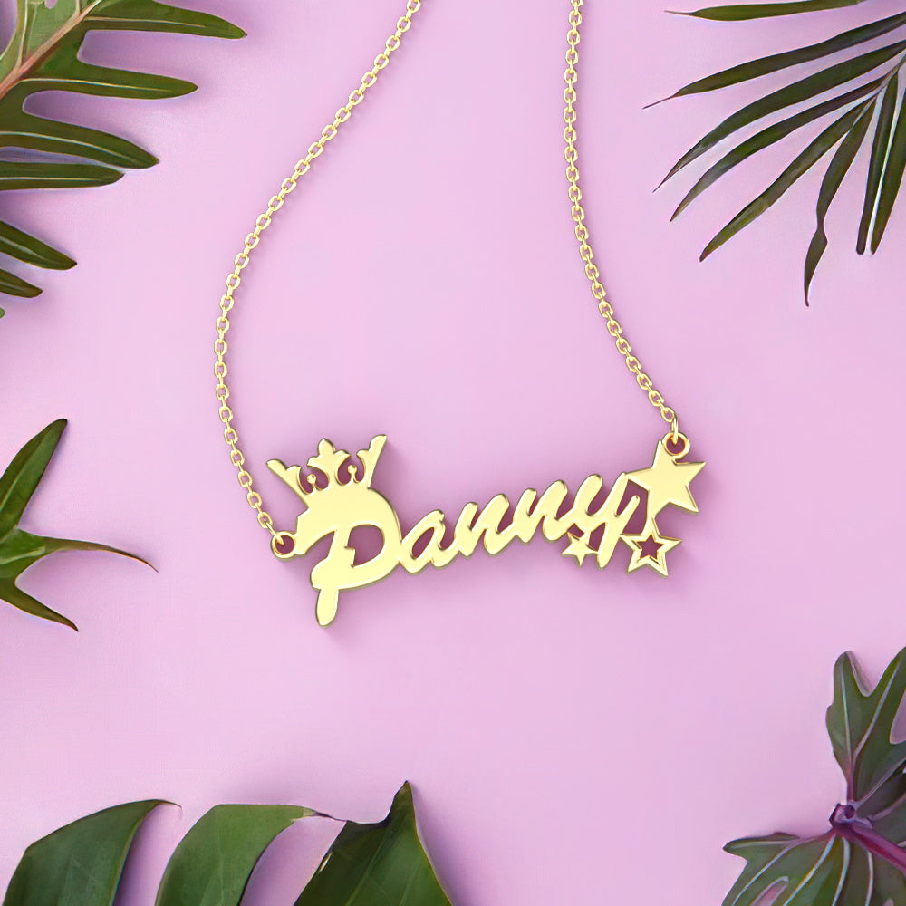 Custom Name Necklace Crown and Stars Necklace Shining Little Princess