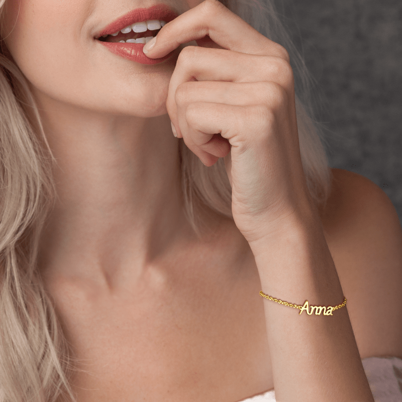 Personalized Name Bracelet 14k Gold Plated Silver - Length Adjustable