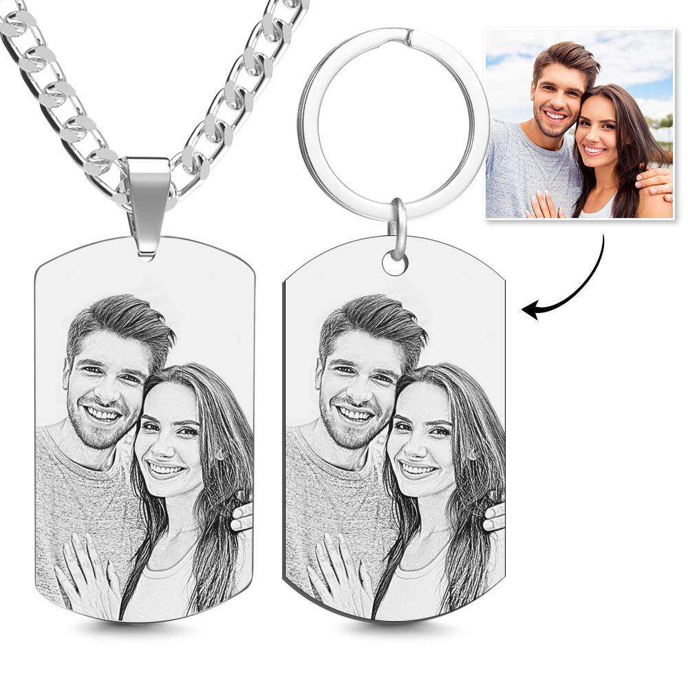 Custom Photo Necklace Keychain Set Photo Dog Tags Set Gifts for Dad