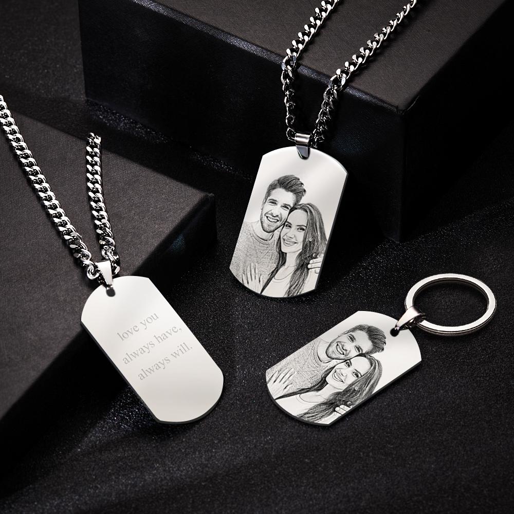 Custom Photo Necklace Keychain Set Photo Dog Tags Set Gifts for Dad