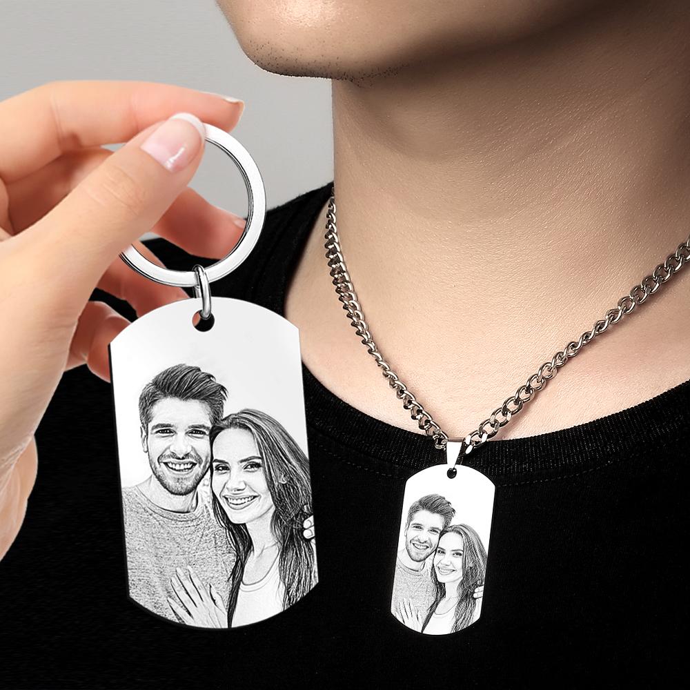 Custom Photo Necklace Keychain Set Photo Dog Tags Set Gifts for Dad